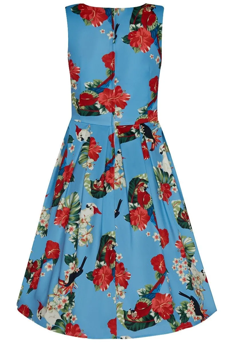 Annie Pecan, Parrot & Leaf Print 1950 Inspired Dress