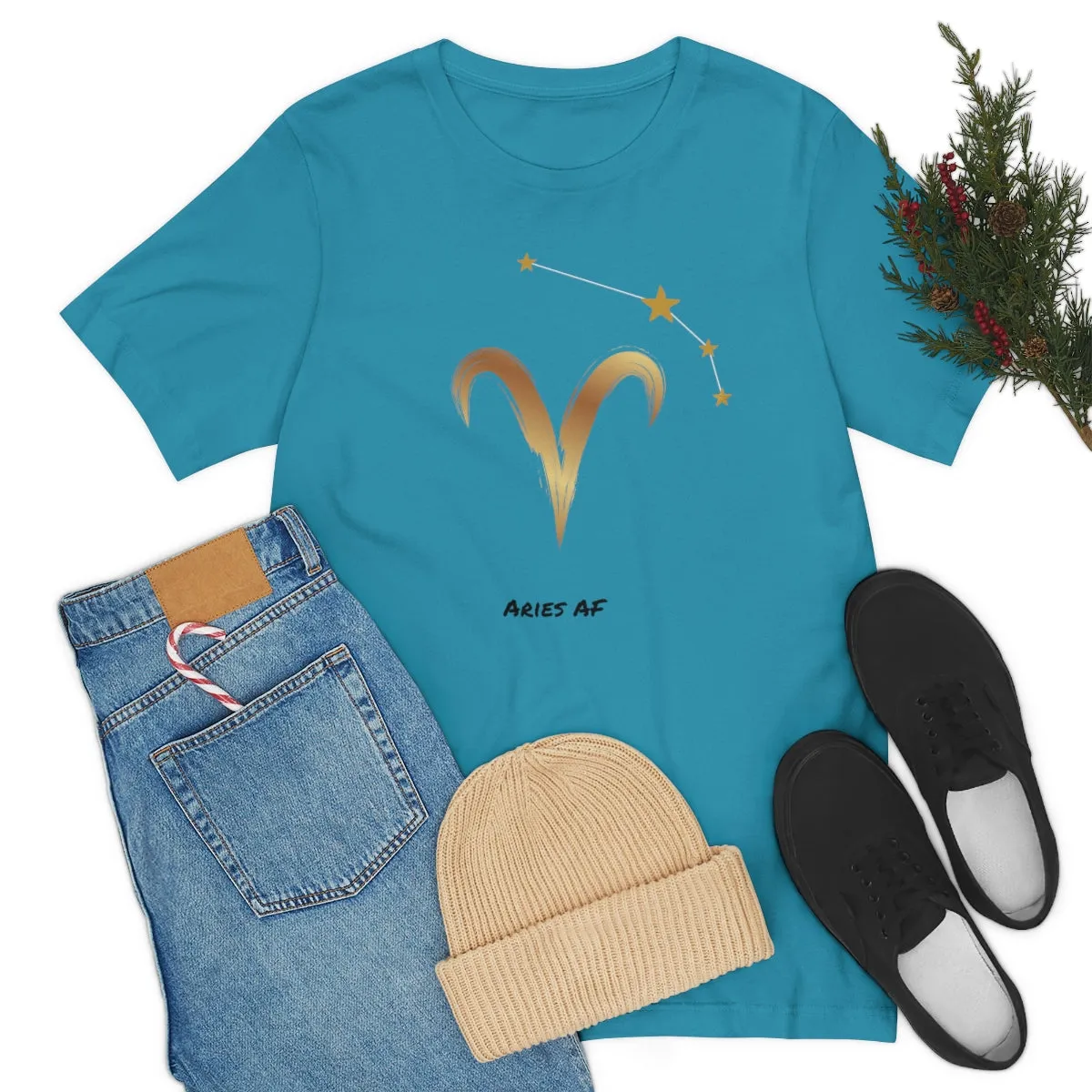 Aries Symbol Gold and Stars AF T-Shirt | Fun Aries T-Shirt | Zodiac T-Shirt | Zodiac Sign Shirt | Astrology | Star Sign | Unisex Jersey Short Sleeve Tee