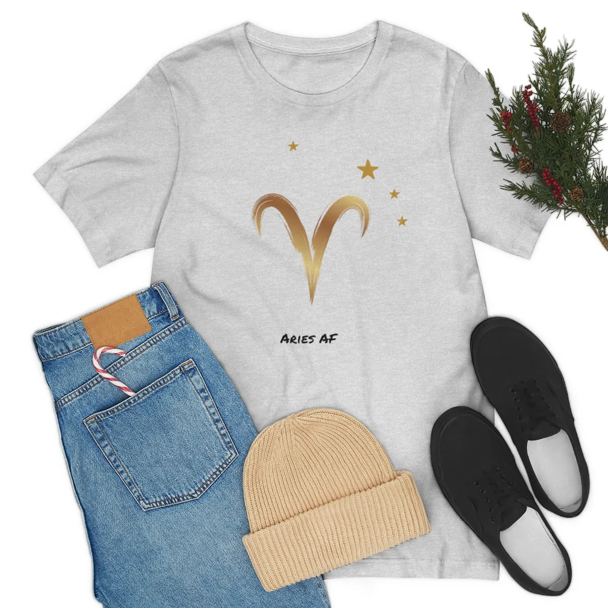 Aries Symbol Gold and Stars AF T-Shirt | Fun Aries T-Shirt | Zodiac T-Shirt | Zodiac Sign Shirt | Astrology | Star Sign | Unisex Jersey Short Sleeve Tee