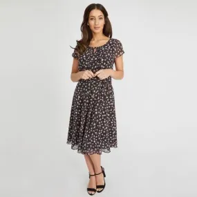 Black Ditsy Daisy Print Tea Dress