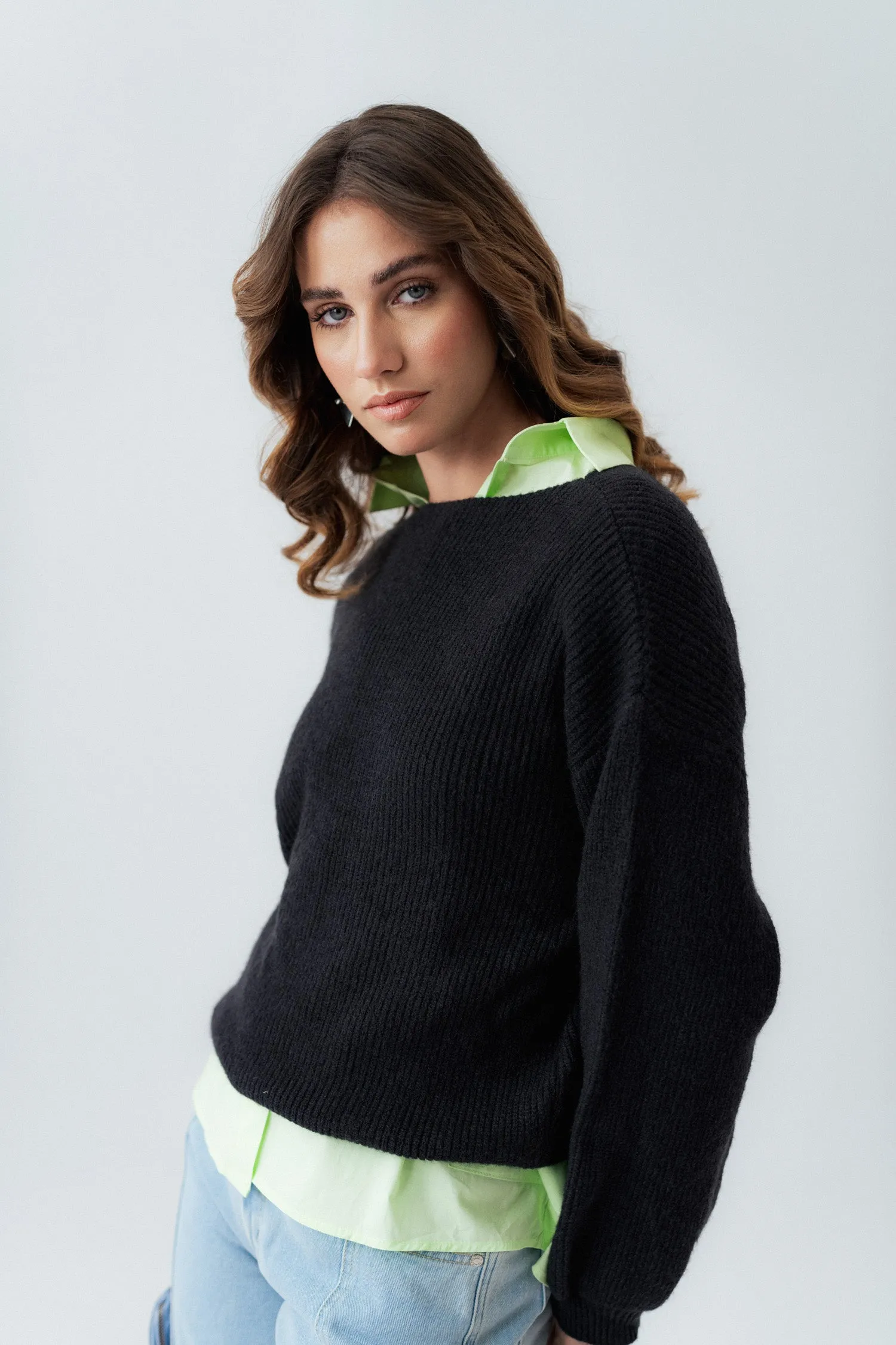 Black Oversized Cropped Length Sweater