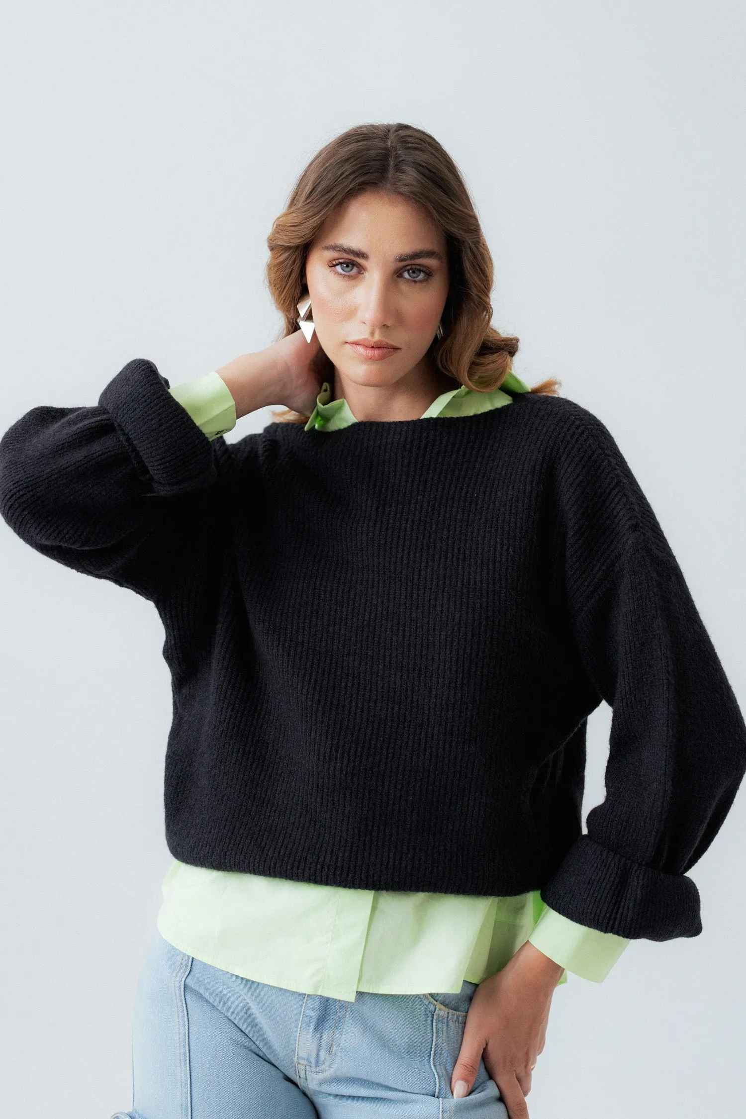 Black Oversized Cropped Length Sweater