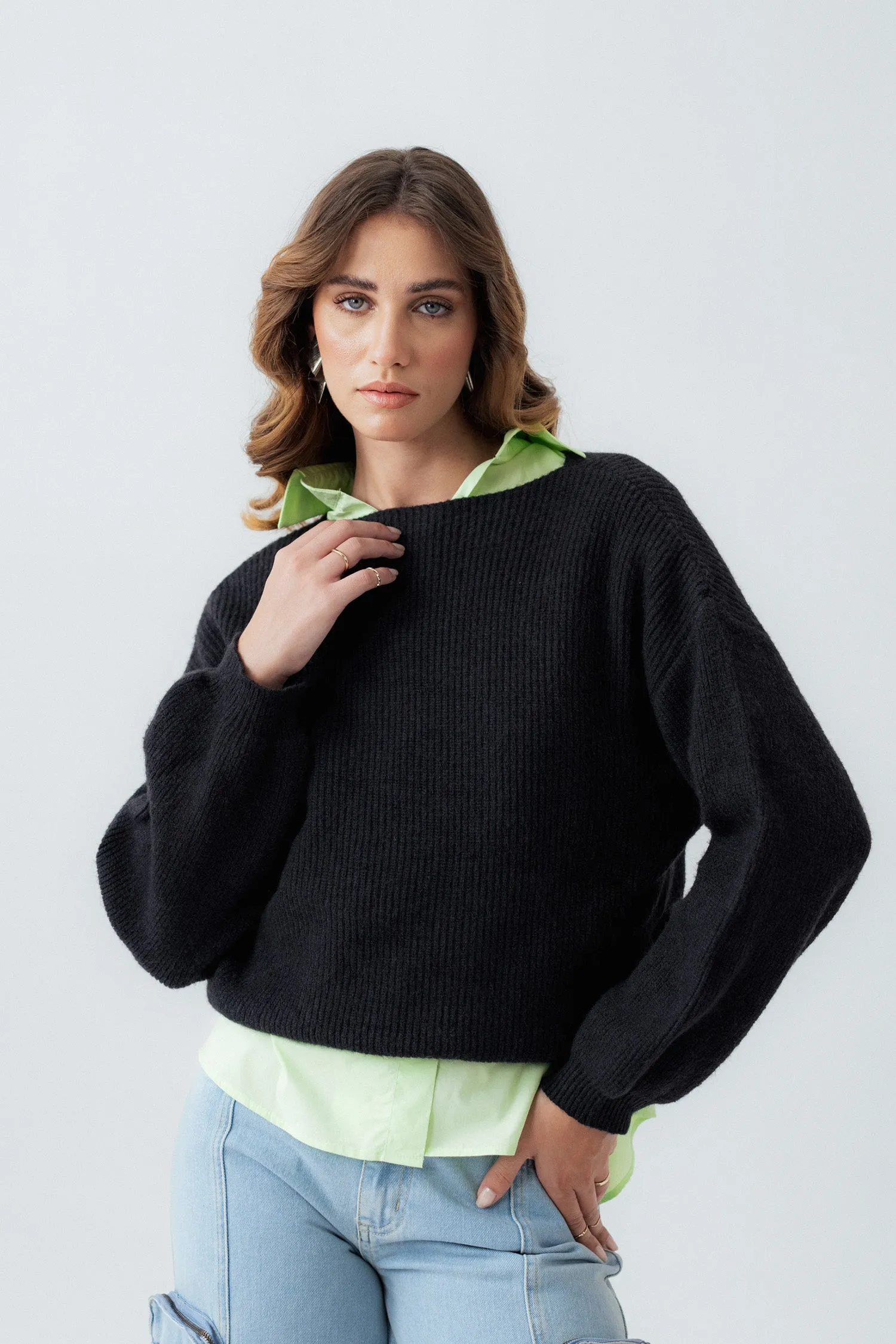 Black Oversized Cropped Length Sweater