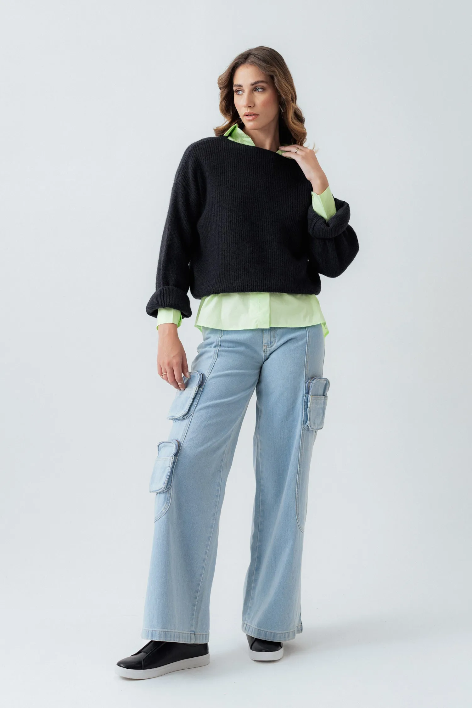 Black Oversized Cropped Length Sweater