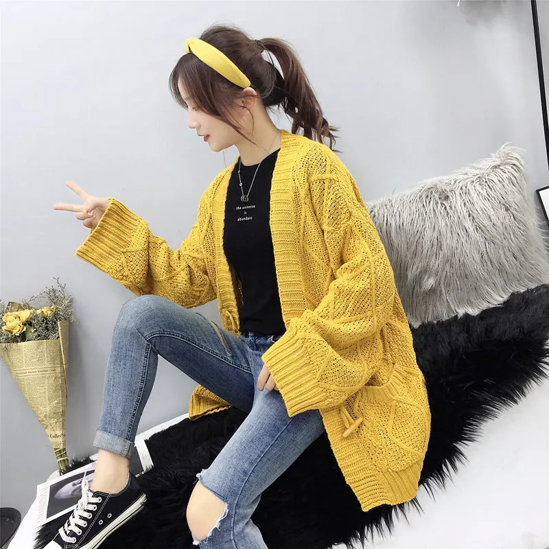 Cable Knit Solid Pockets Loose Dropped Shoulder Sweater