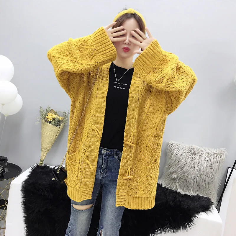 Cable Knit Solid Pockets Loose Dropped Shoulder Sweater