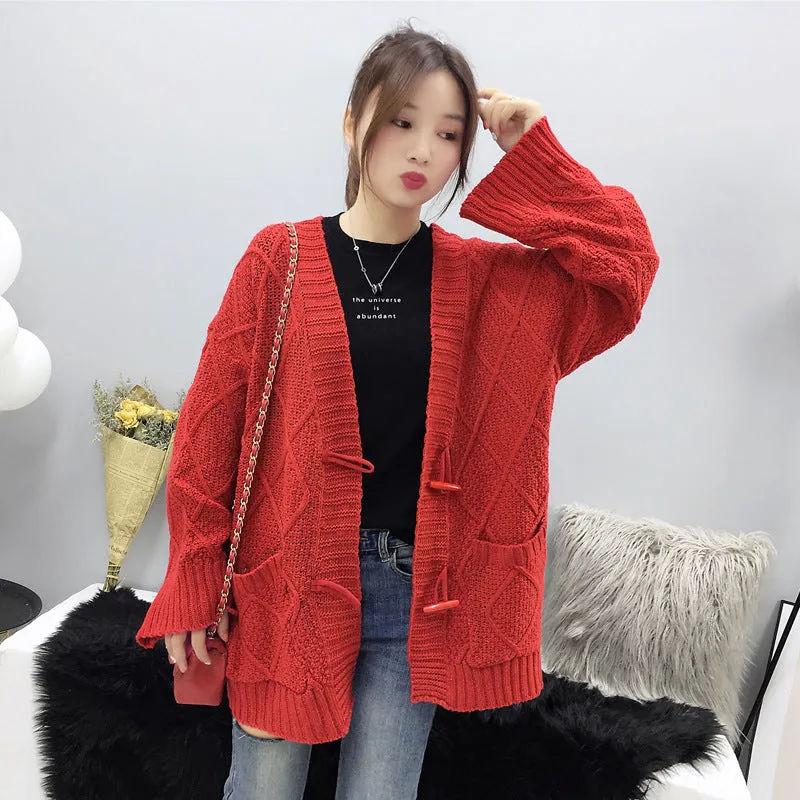 Cable Knit Solid Pockets Loose Dropped Shoulder Sweater