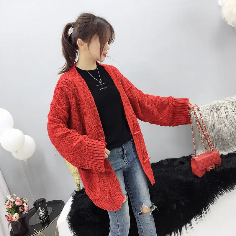 Cable Knit Solid Pockets Loose Dropped Shoulder Sweater