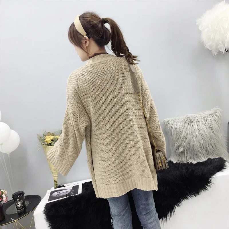 Cable Knit Solid Pockets Loose Dropped Shoulder Sweater