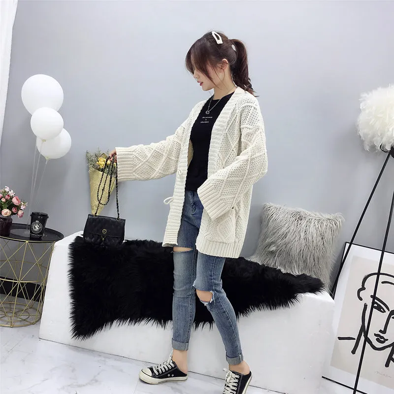 Cable Knit Solid Pockets Loose Dropped Shoulder Sweater