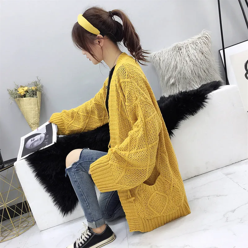Cable Knit Solid Pockets Loose Dropped Shoulder Sweater