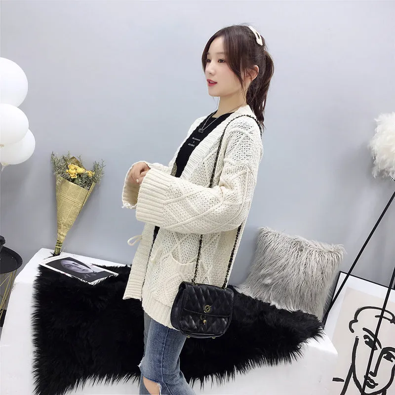 Cable Knit Solid Pockets Loose Dropped Shoulder Sweater