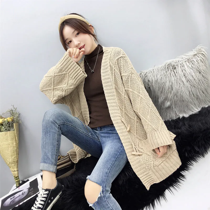 Cable Knit Solid Pockets Loose Dropped Shoulder Sweater