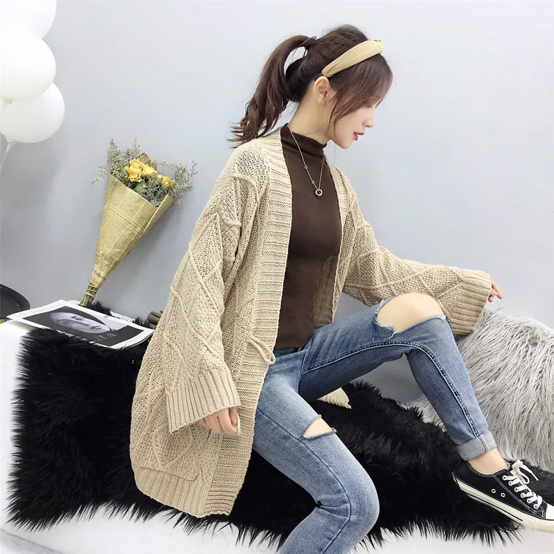 Cable Knit Solid Pockets Loose Dropped Shoulder Sweater