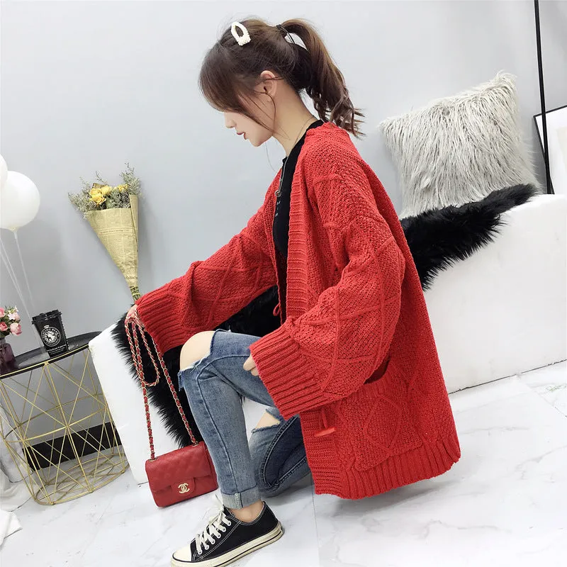 Cable Knit Solid Pockets Loose Dropped Shoulder Sweater