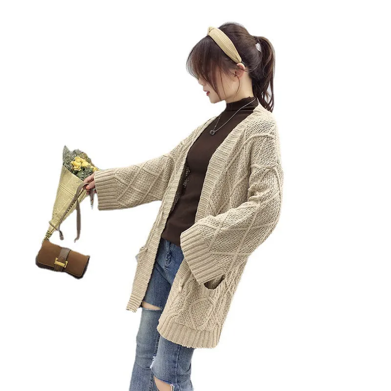 Cable Knit Solid Pockets Loose Dropped Shoulder Sweater
