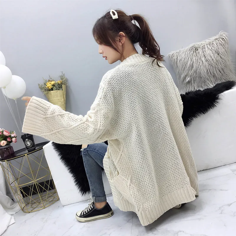 Cable Knit Solid Pockets Loose Dropped Shoulder Sweater