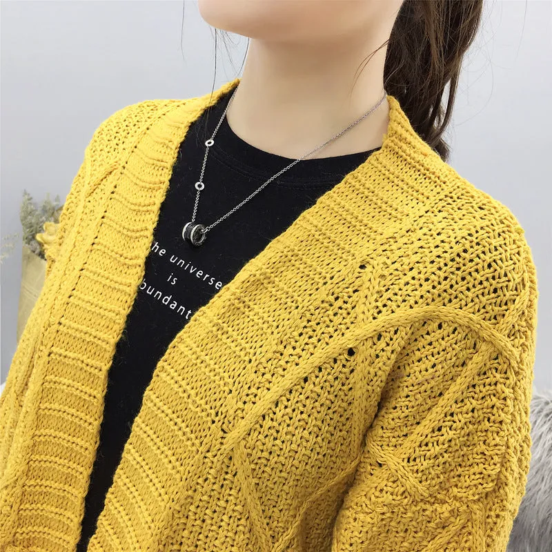 Cable Knit Solid Pockets Loose Dropped Shoulder Sweater