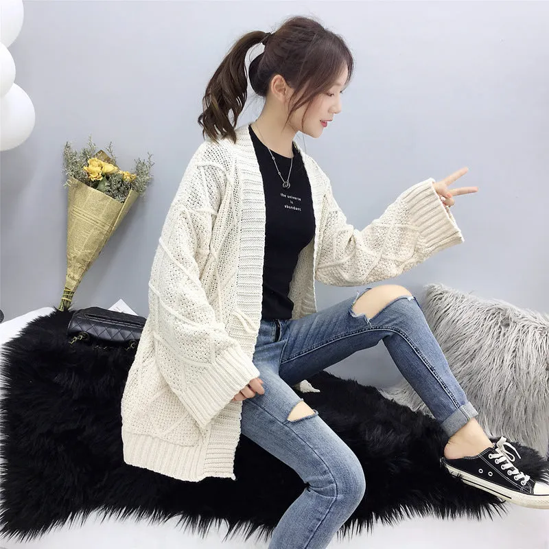 Cable Knit Solid Pockets Loose Dropped Shoulder Sweater