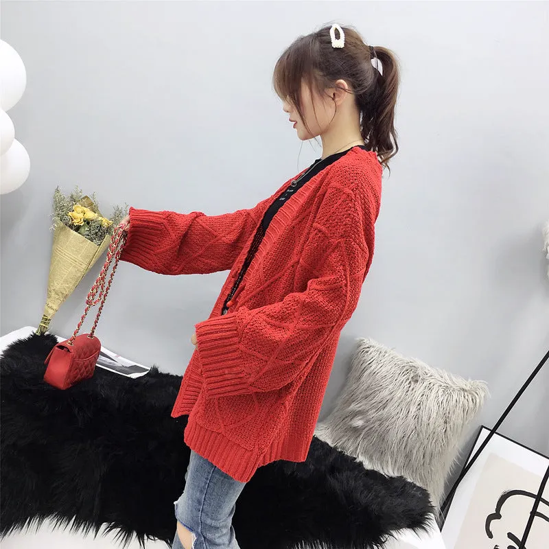 Cable Knit Solid Pockets Loose Dropped Shoulder Sweater