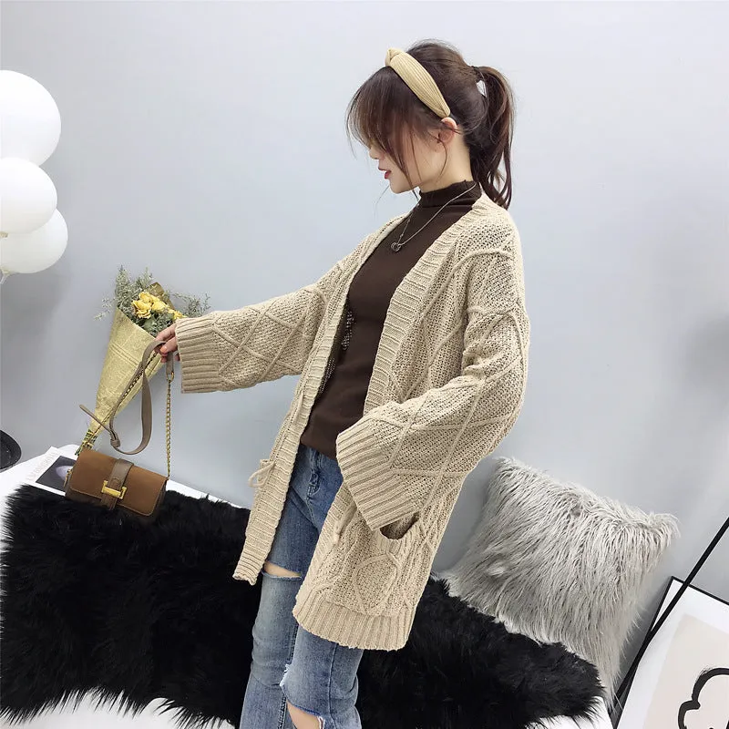 Cable Knit Solid Pockets Loose Dropped Shoulder Sweater