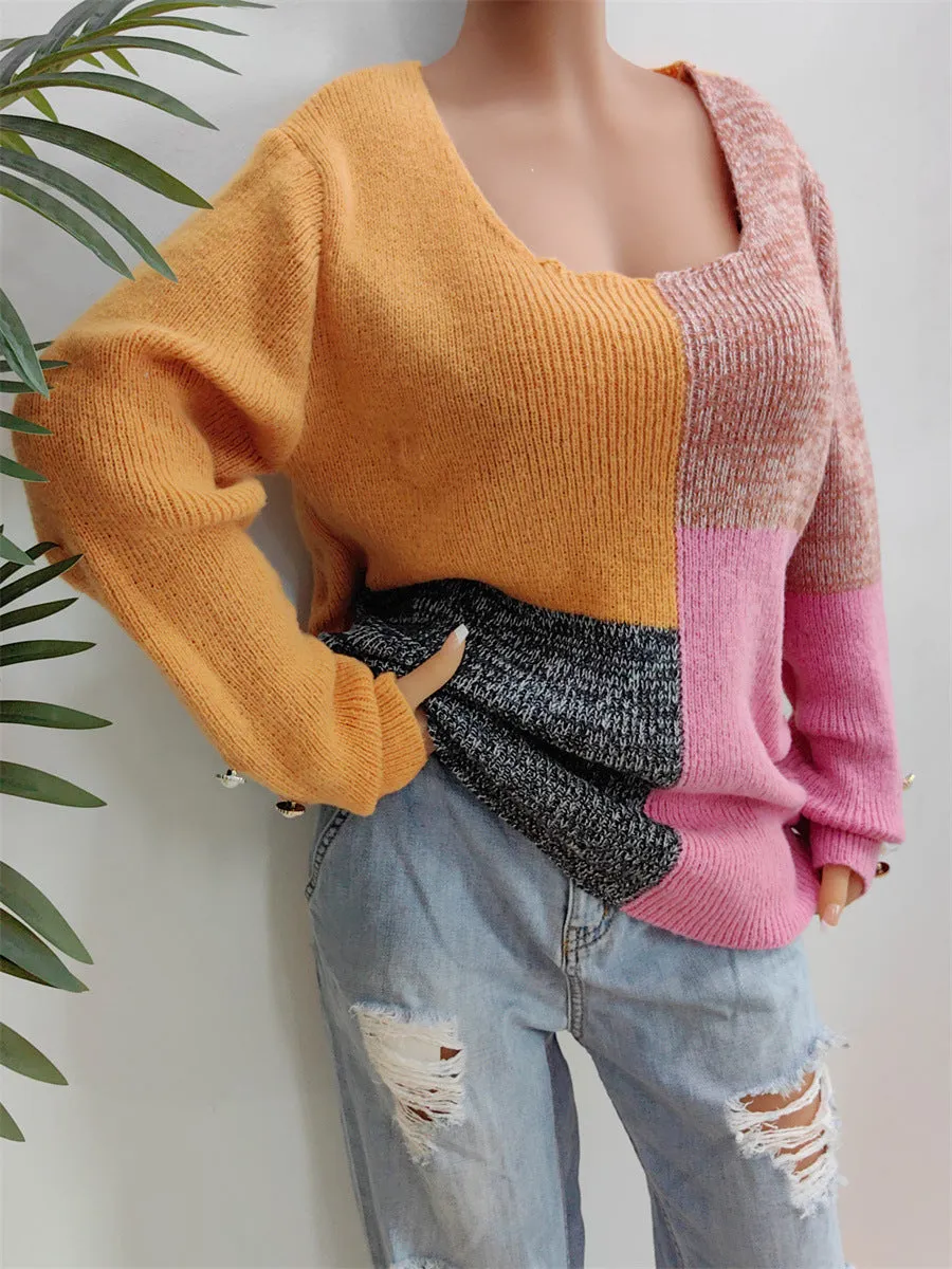 Color Block Decorative Button Long Sleeve Sweater