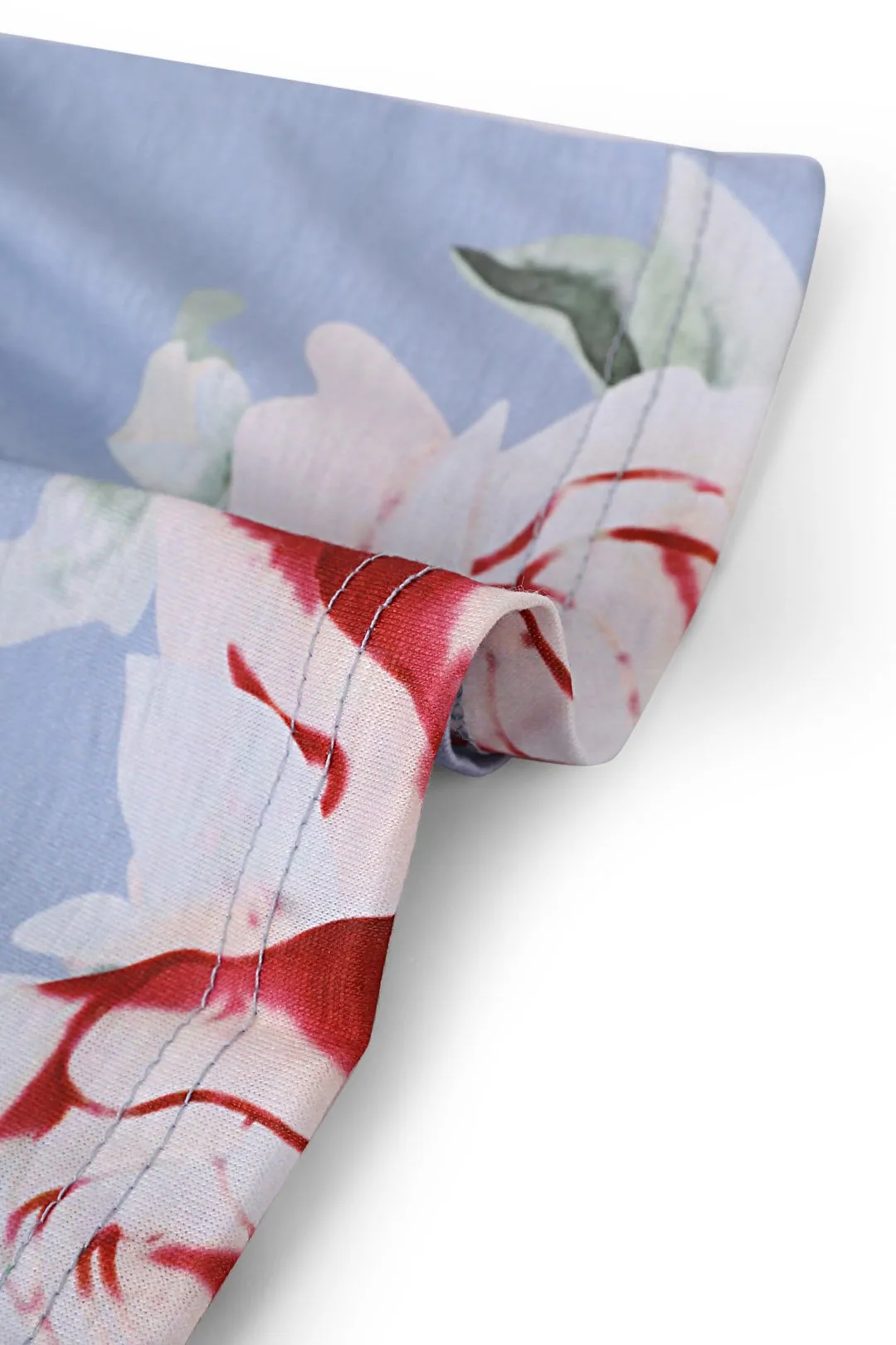 Custom Round Neck Cold Shoulder Floral Print Short Sleeve Light Blue T-Shirts