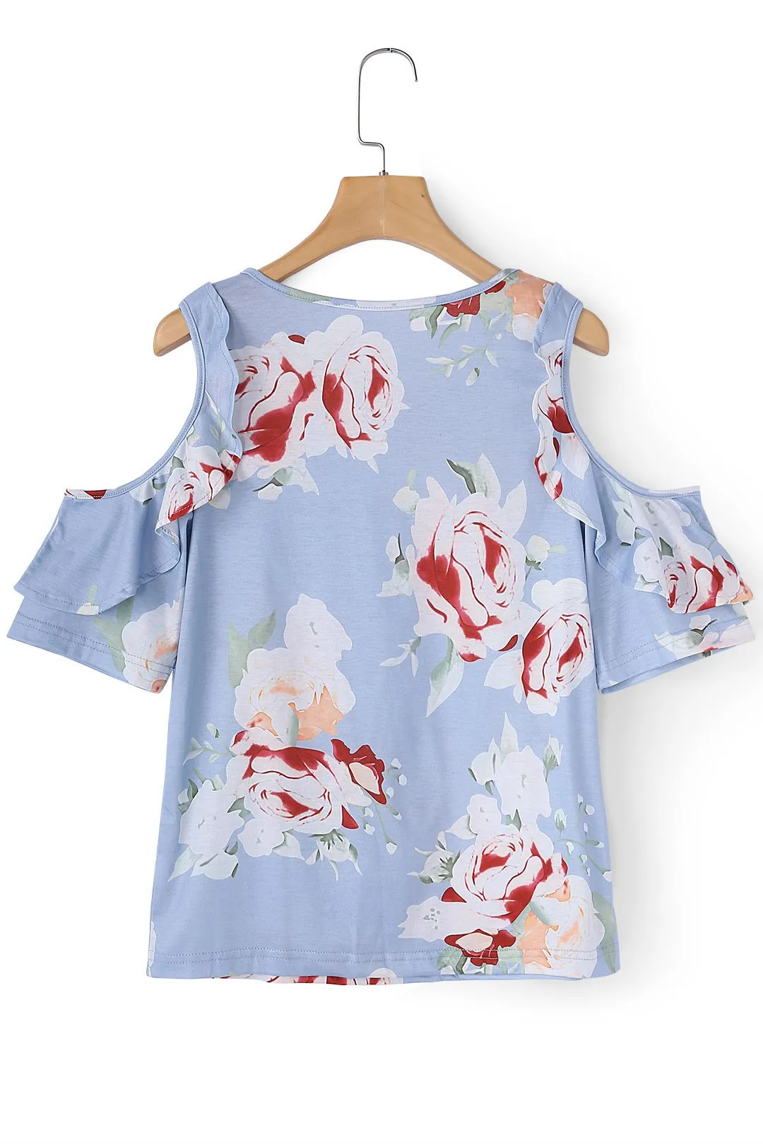 Custom Round Neck Cold Shoulder Floral Print Short Sleeve Light Blue T-Shirts
