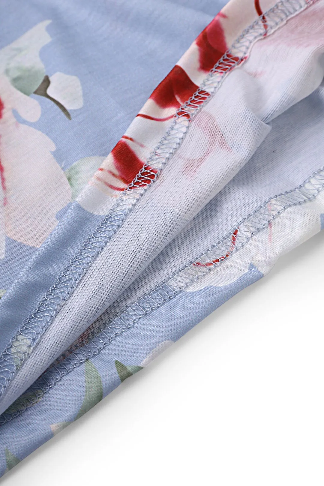 Custom Round Neck Cold Shoulder Floral Print Short Sleeve Light Blue T-Shirts