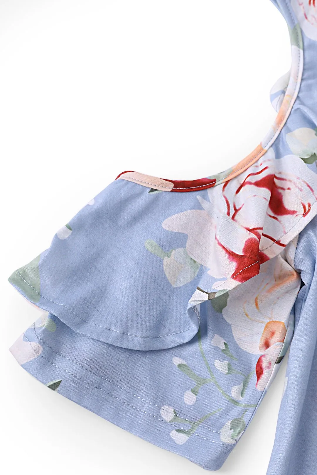Custom Round Neck Cold Shoulder Floral Print Short Sleeve Light Blue T-Shirts