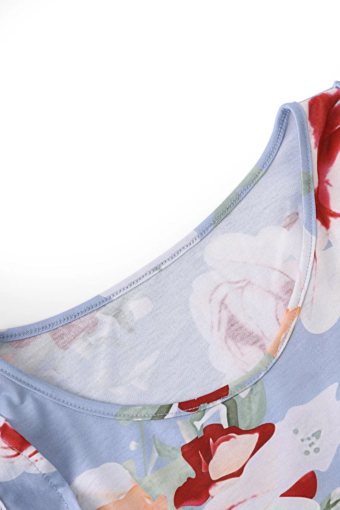 Custom Round Neck Cold Shoulder Floral Print Short Sleeve Light Blue T-Shirts