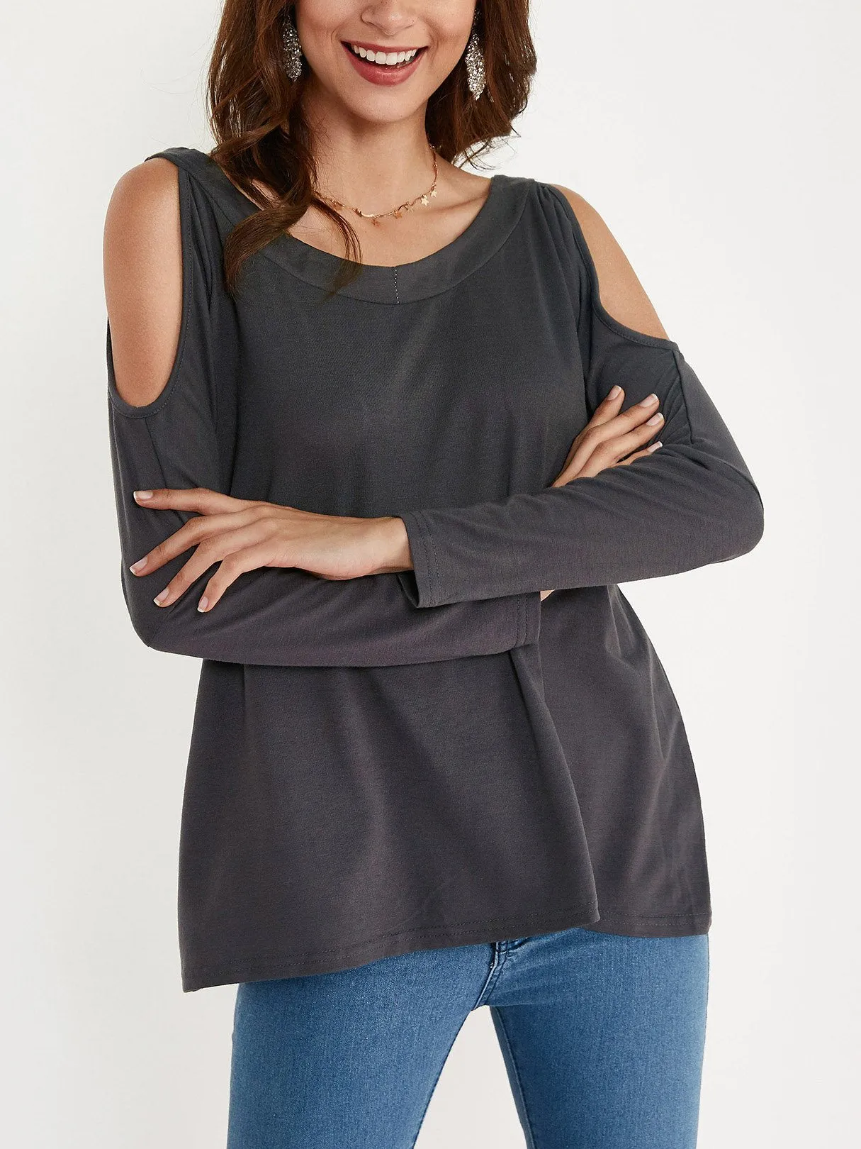 Custom Round Neck Cold Shoulder Long Sleeves T-shirt