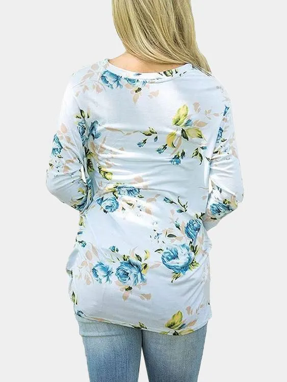 Custom Round Neck Floral Print Long Sleeve Irregular Hem T-Shirts