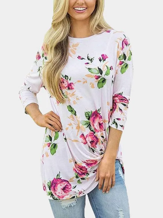 Custom Round Neck Floral Print Long Sleeve Irregular Hem T-Shirts