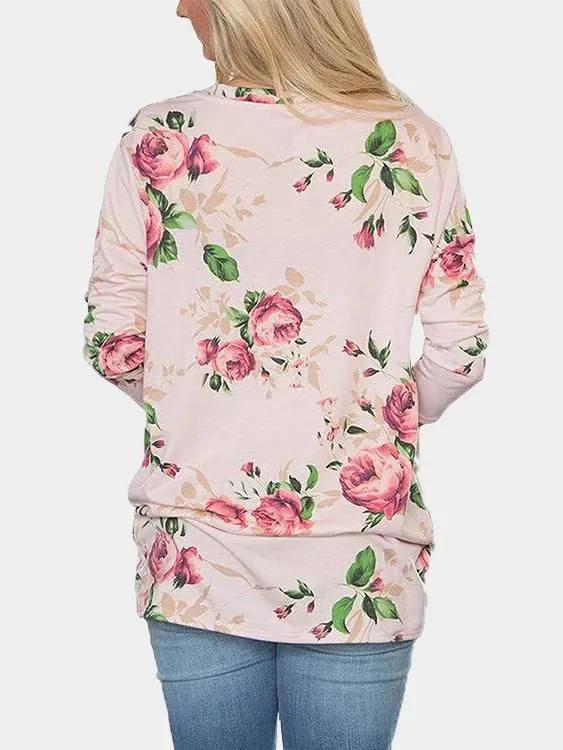Custom Round Neck Floral Print Long Sleeve Irregular Hem T-Shirts