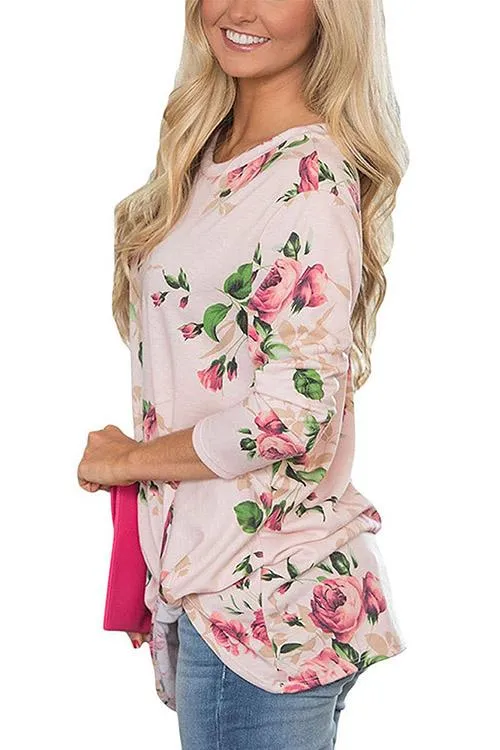 Custom Round Neck Floral Print Long Sleeve Irregular Hem T-Shirts