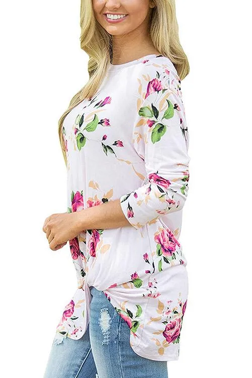 Custom Round Neck Floral Print Long Sleeve Irregular Hem T-Shirts
