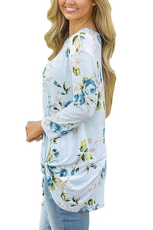 Custom Round Neck Floral Print Long Sleeve Irregular Hem T-Shirts