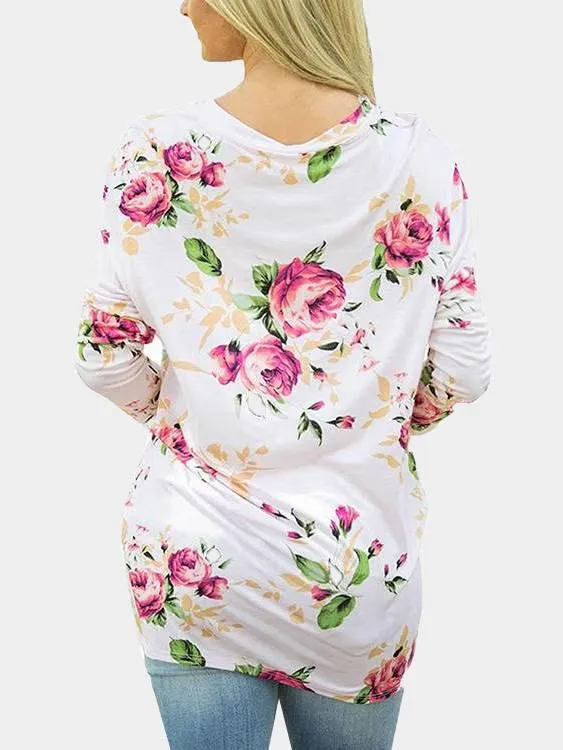 Custom Round Neck Floral Print Long Sleeve Irregular Hem T-Shirts