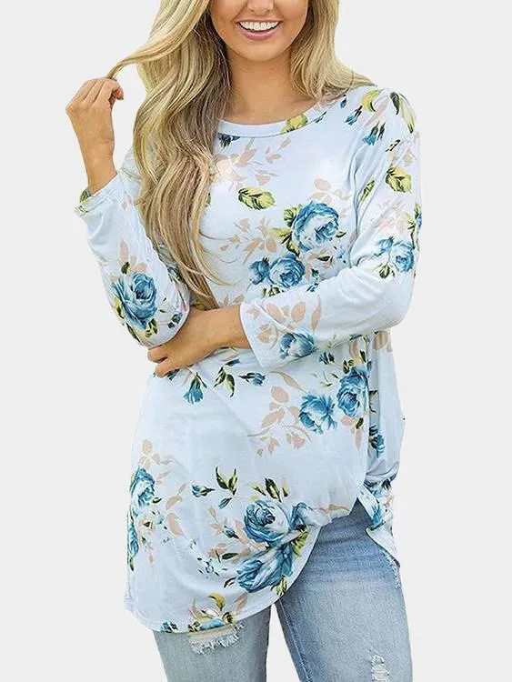 Custom Round Neck Floral Print Long Sleeve Irregular Hem T-Shirts