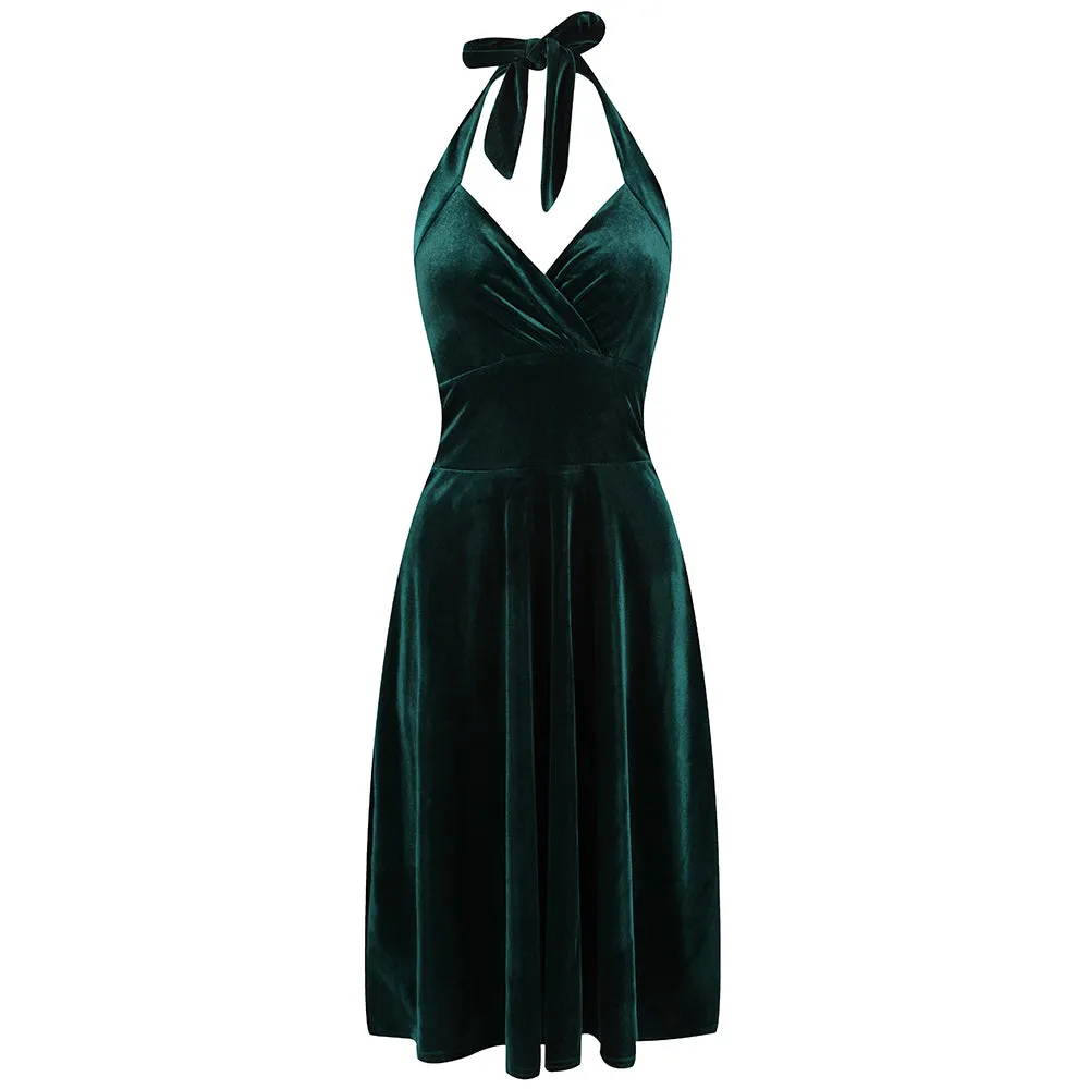 Emerald Green Velour Halterneck Empire Waist 50s Swing Dress