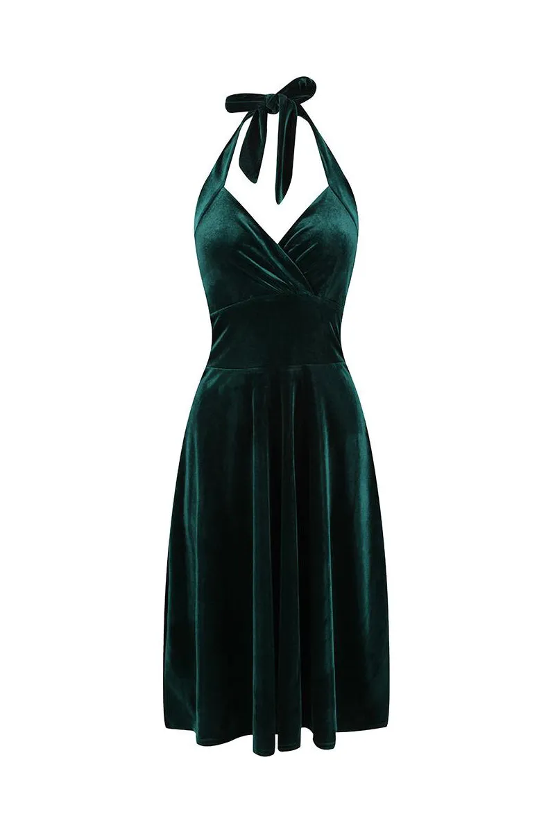Emerald Green Velour Halterneck Empire Waist 50s Swing Dress
