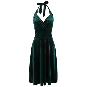 Emerald Green Velour Halterneck Empire Waist 50s Swing Dress