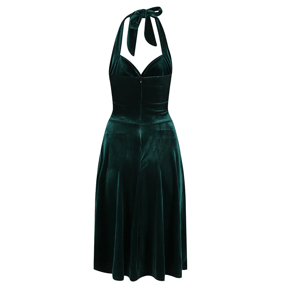 Emerald Green Velour Halterneck Empire Waist 50s Swing Dress