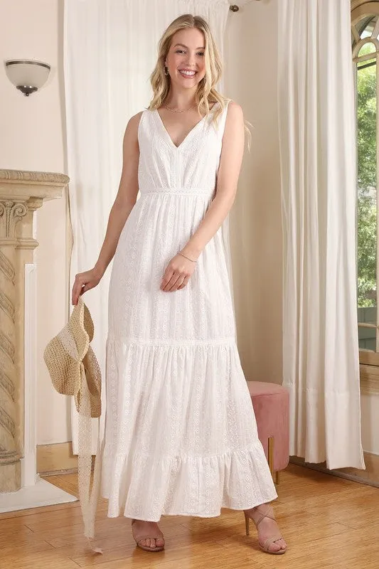 Emilie Embroidered white V neckline tiered dress