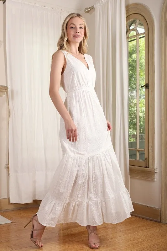 Emilie Embroidered white V neckline tiered dress