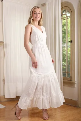 Emilie Embroidered white V neckline tiered dress