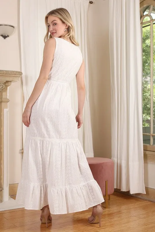Emilie Embroidered white V neckline tiered dress