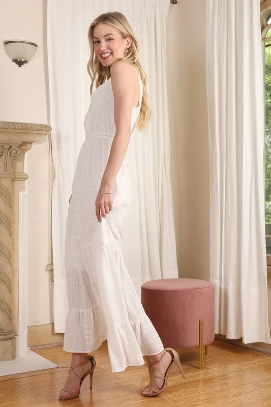 Emilie Embroidered white V neckline tiered dress