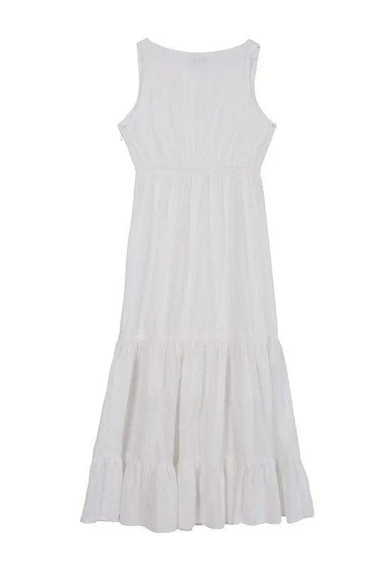 Emilie Embroidered white V neckline tiered dress